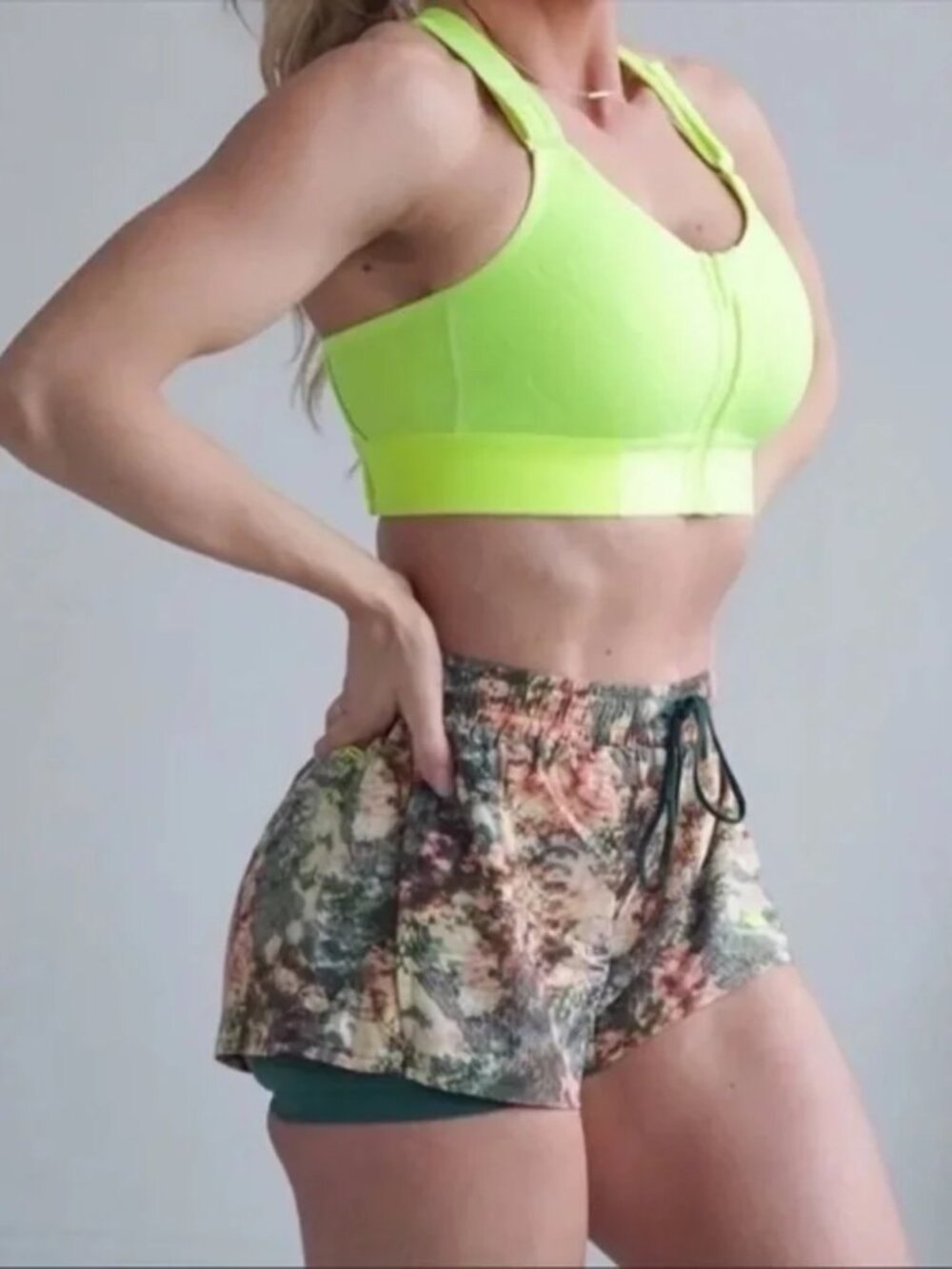 SHEFIT 2 in 1 Multi Color Green Conquer Print Active Running Luxe Shorts. Small